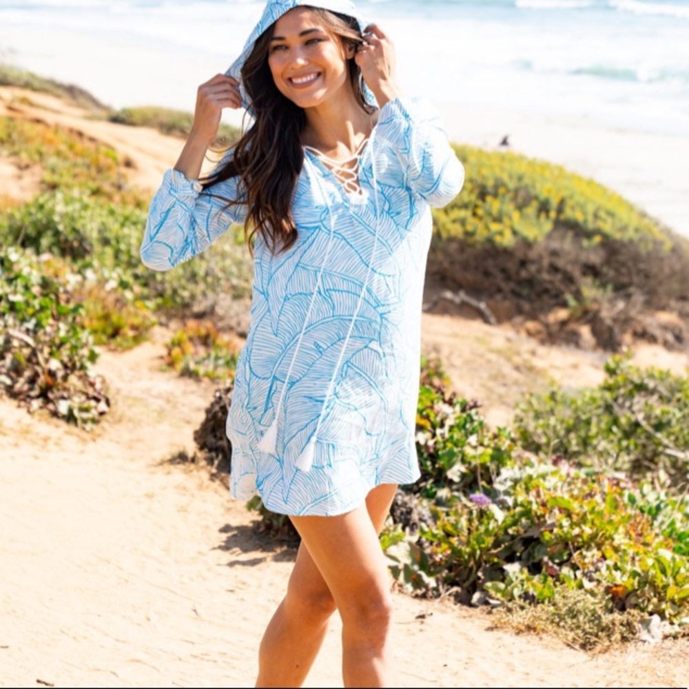 Charlie Holiday The Coco Cover Up Hooded Tropical Banana Leaf Blue Medium - Picture 2 of 14